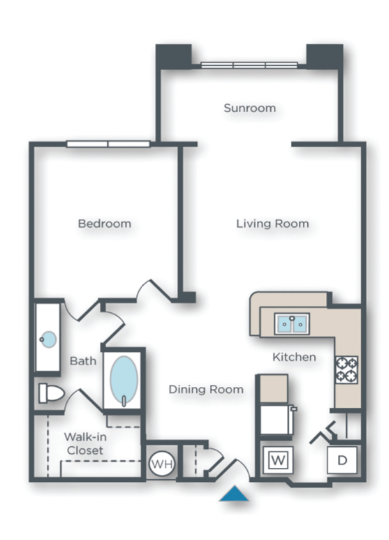 Floor plan for 1 bed, 1 bath, 929 sqft